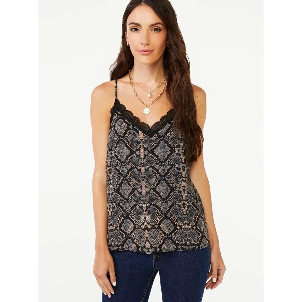 Womens Scoop Animal Print Lace Trim Cami Tank Top - Sz L